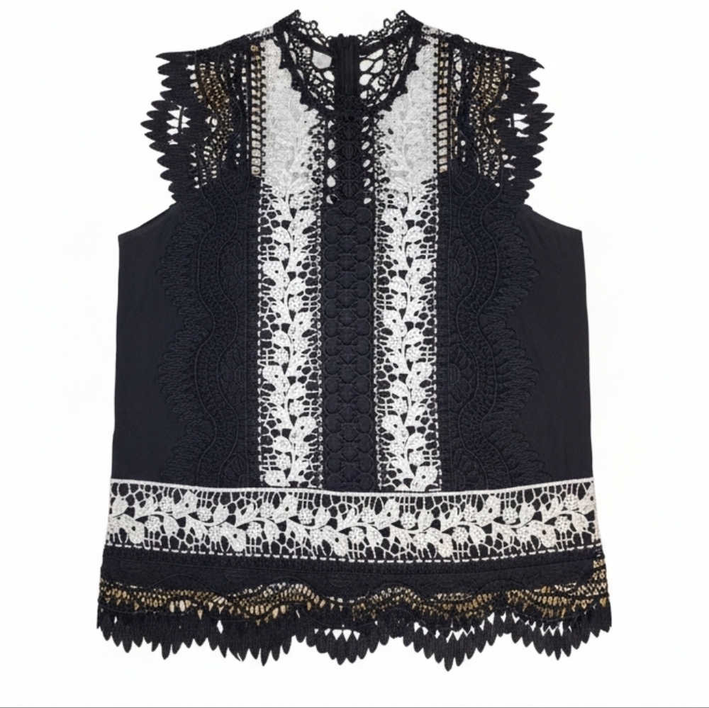 Aqua Black White Lace Blouse Medium #BL7 - Picture 2 of 9